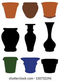 Silhouettes of flower pots and pottery, vector