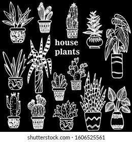 silhouettes of flowerpots in pots, cacti in white on a black background, ornament for clothes