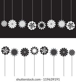 Silhouettes of flowers in black and white background, vector illustration