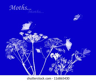 Silhouettes of flowers and butterflies at night. Vector background. eps 10