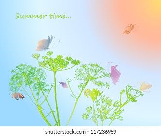 Silhouettes of flowers and butterflies in summer day. Vector background. eps 10