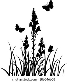 Silhouettes of flowers and butterflies, vector illustration