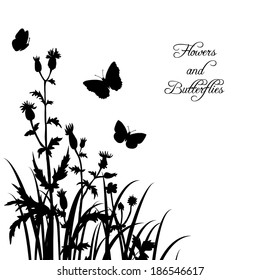 Silhouettes  of flowers and butterflies, vector illustration
