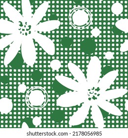 Silhouettes Of Flowers And Dots On A Hand Drawn Square Dots Background. Green Vector Seamless Pattern For Decoration For Children And Babies.