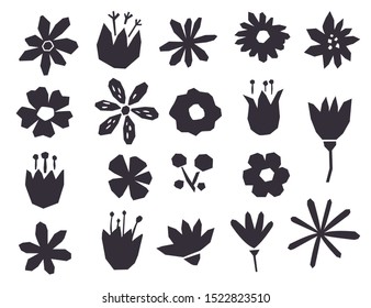 Silhouettes of flowers in a geometric style. Black objects isolated on white background.Cute and modern wallpaper, web background, fabric and packaging design. Contemporary collage design elements set