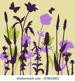 Silhouettes  of flowers and grass with butterflies, vector illustration
