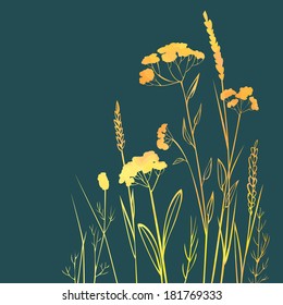 Silhouettes  of flowers and grass in watercolor, vector illustration