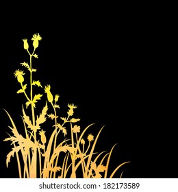 Silhouettes  of flowers and grass in watercolor, vector illustration