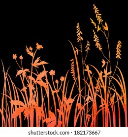 Silhouettes  of flowers and grass in watercolor, vector illustration