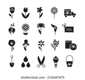 Silhouettes of flowers icon set. Gardening and flowers delivery icons