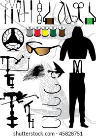 silhouettes of flyfishing equipment and tools
