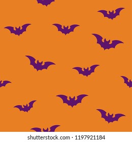 Silhouettes of flying bats, purple on orange background. Seamless vector pattern, perfect for Halloween.