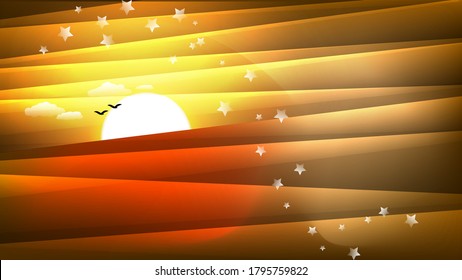 silhouettes of flying birds against the background of the rising sun, clouds, overlapping translucent stripes, stars of different sizes and a mixture of brown, red and orange. futuristic background