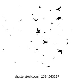 Silhouettes of flying birds, Black bird shapes against white background, Flock of birds in flight, Dynamic bird wing positions, Soaring and diving bird outlines, Minimalist bird illustration.