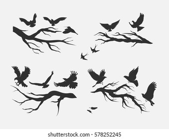 silhouettes of flying birds, mounted on branches