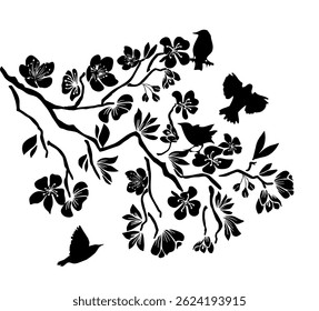 Silhouettes of flying birds on a sakura branch. Wall sticker. hand drawing. Not AI. Vector illustration.