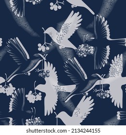 Silhouettes of flying birds. Seamless pattern with blue birds for fabrics, textiles, packaging and wallpaper. Vector illustration.
