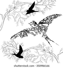 Silhouettes of flying birds, tree branches, monochrome.  It contains clipping mask.