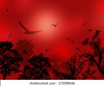 Silhouettes of flying birds and trees over red sunset, vector illustration