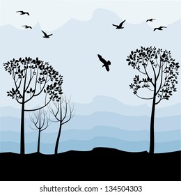 silhouettes of flying birds and trees, vector illustration