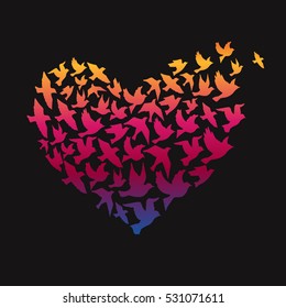 Silhouettes of flying birds, vector illustration. Heart