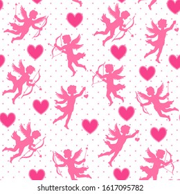 Silhouettes of flying cupid and hearts, vintage romantic love theme, vector seamless pattern.