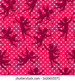 Silhouettes of flying cupid, vintage romantic love theme, vector seamless pattern.