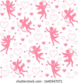Silhouettes of flying cupid, vintage romantic love theme, vector seamless pattern.