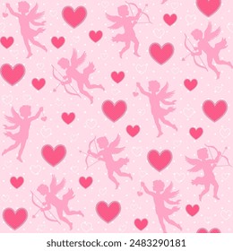 Silhouettes of flying cupid, vintage romantic love theme, vector seamless pattern.