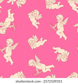 Silhouettes of flying cupid, vintage romantic love theme, vector Valentines Day seamless pattern.