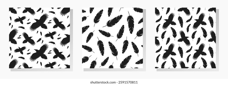 Silhouettes of flying ravens and falling feathers. Black and white vector seamless patterns collection.