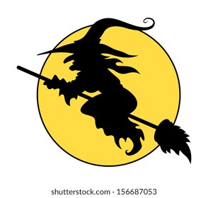 silhouettes of flying witch on broom - Halloween vector illustration