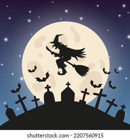 Silhouettes of flying witch on a broom with a big moon and bats on the night sky background. Halloween vector illustration for holiday web and print designs