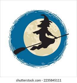 Silhouettes flying witch on a broomstick. Terrifying Female in witch hat. Vector illustration of ugly and scary personage.