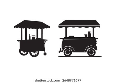 Silhouettes of food carts with shelters and wheels