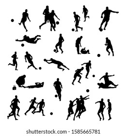 Silhouettes of football players, goalkeeper kicking ball and running . Black and white vector illustration of soccer icons