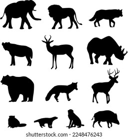 Silhouettes of forest animals on isolated white background. Vector illustration. 