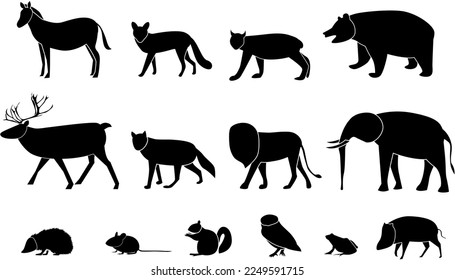 Silhouettes of forest animals on isolated white background. Vector illustration