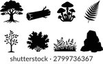 Silhouettes of Forest Elements Including Trees, Mushrooms, Ferns, Grass, and Rocks