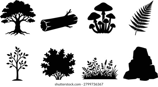 Silhouettes of Forest Elements Including Trees, Mushrooms, Ferns, Grass, and Rocks