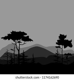 silhouettes of the forest in gray and black tones