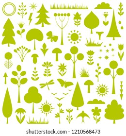 Silhouettes of forest plants. Set of stencils of trees, flowers, grass, insects, mushroom bushes and herbs. Vector illustration.