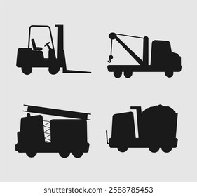 Silhouettes of forklift, tow truck, fire truck, and dump truck suitable for transportation, industrial, and construction themed designs and projects.