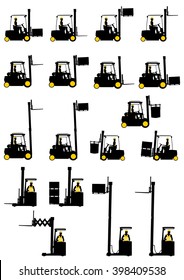 Silhouettes of forklifts on the white background. Vector