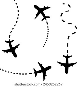 Siluetas de cuatro aviones en diferentes ángulos y posiciones, siguiendo líneas discontinuas que sugieren trayectorias de vuelo sobre un fondo blanco.