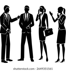 Silhouettes of four business professionals in formal attire interacting. Two men and two women are depicted in various poses, suggesting a discussion or meeting. One man gestures, 