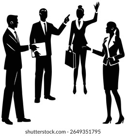 Silhouettes of four business professionals in formal attire. Two men and two women are depicted in various poses, including pointing, waving, and holding a briefcase, suggesting i