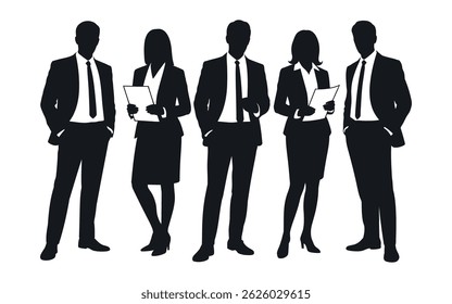 Silhouettes of four business professionals, two men and two women, standing together, holding documents, showcasing teamwork and collaboration.