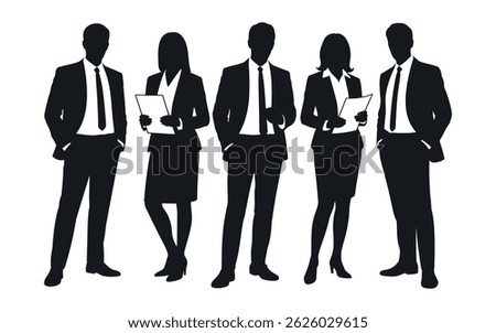 Silhouettes of four business professionals, two men and two women, standing together, holding documents, showcasing teamwork and collaboration.