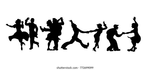 Silhouettes Four Couple Of  People Dancing Charleston Or Retro Dance. Vector Illustration.set Of Retro Silhouette Dancer Isolated On White. Dance Couple Silhouette